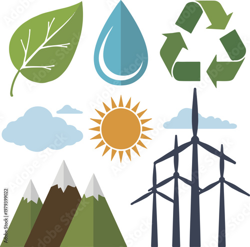 Renewable energy icons showcasing solar, wind, hydro, and geothermal power sources Vector