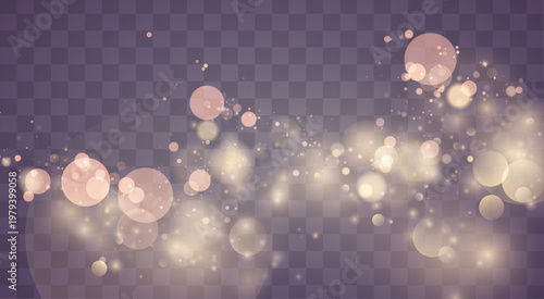 Golden dust sparkle in warm light, mixing shimmer, twinkle, glitter bokeh. Particle and stardust highlights flare while sparks, glare, lens flare enhance magical festive PNG vector illustration.