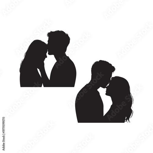 Romantic Couple Silhouettes in Tender Embrace with Foreheads Touching and One Kissing the Other on the Forehead on