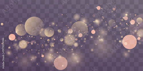 Golden dust sparkle in warm light, mixing shimmer, twinkle, glitter bokeh. Particle and stardust highlights flare while sparks, glare, lens flare enhance magical festive PNG vector illustration.