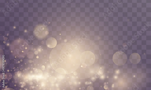 Yellow dust glimmers in soft light, scattering sparkle, shimmer, glitter bokeh. Twinkle particle, stardust highlights flare while sparks, glare, lens flare enhance magical PNG vector illustration.