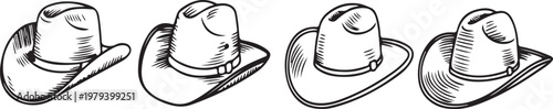 Hand Drawn Cowboy Hat Icons Set Vintage Western Design Elements - Classic Cowboy Hat Illustration Bundle Western Ranch Style Sketch Set