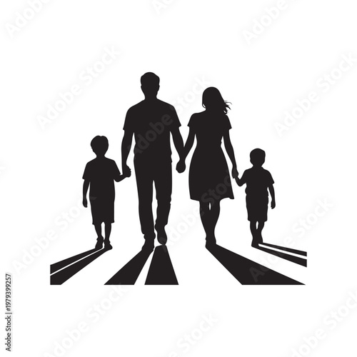 Silhouette of a family walking hand in hand across a crosswalk with long shadows on a white background