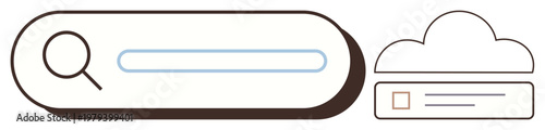 Online shopping, cloud storage, search engines, data management, internet services, digital tools. Search bar with magnifying glass and cloud icon. Search engines and cloud storage