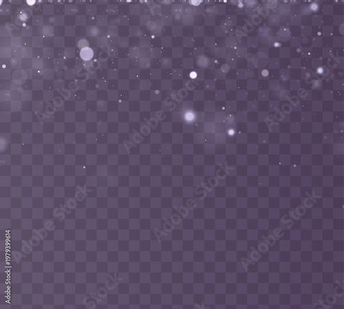 White glitter snow dust floats in glowing light, sparkle, shimmer, twinkle bokeh. Particle stardust highlights flare. Festive magical sparks with snow, glare, lens flare PNG vector winter illustration