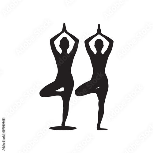 Two women performing the tree pose in yoga in a synchronized black silhouette against a white background