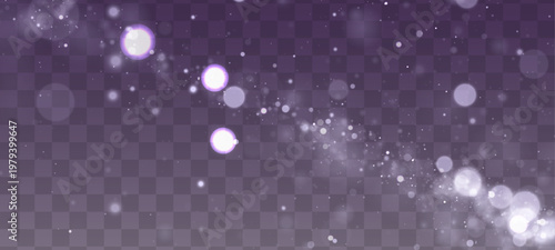 White glitter snow dust floats in glowing light, sparkle, shimmer, twinkle bokeh. Particle stardust highlights flare. Festive magical sparks with snow, glare, lens flare PNG vector winter illustration