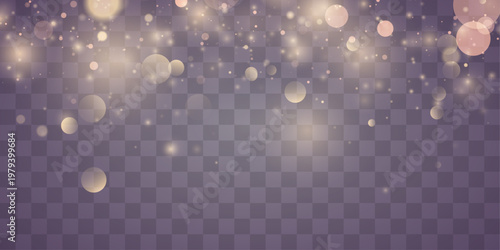 Yellow glitter dust glows in radiant light, blending shimmer, sparkle, twinkle bokeh. Particle stardust highlights flare sparks, glare, lens flare magical festive glow, PNG vector illustration. 