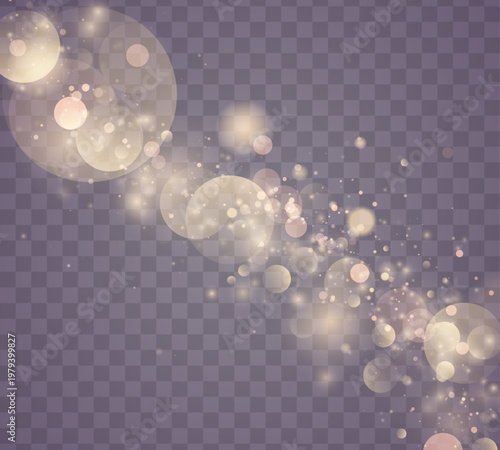 Golden glitter dust glow in soft light, blending sparkle, shimmer, twinkle bokeh. Sparks, stardust, highlights, flare, lens flare, glare enhance magical festive light in the PNG vector illustration.
