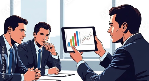 Businessmen analyzing data on tablet.