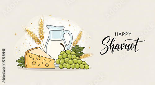 Happy Shavuot celebration with cheese, milk, grapes, and wheat in a festive illustration