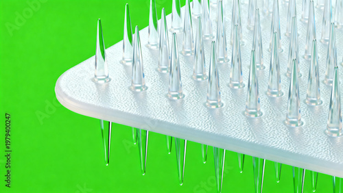A high resolution macro photography shot of a medical micro-needle patch with sharp transparent spikes and medicine isolated on a solid bright chroma key green screen background for health ads