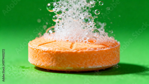 A high resolution macro photography shot of an orange vitamin C effervescent tablet dissolving with intense fizzy bubbles isolated on a solid bright chroma key green screen background for ads