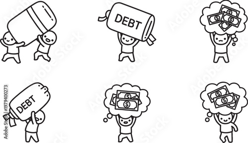 Illustrations of people dealing with debt and money, showing concepts of debt relief and financial gain.