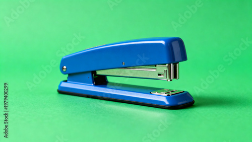 Blue stapler isolated on green chroma key background with clean studio shadows, front three quarter product shot, office supply and paperwork organization concept, detailed stock reference image