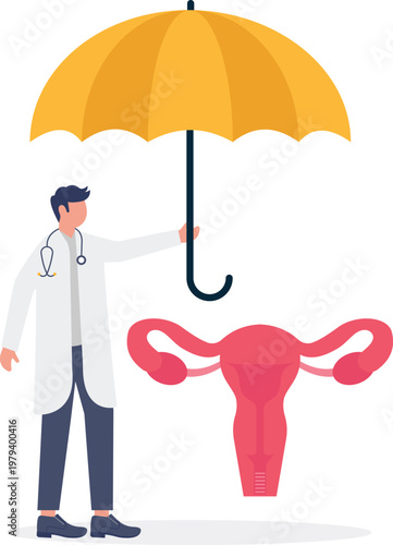 Doctor holding a yellow umbrella over female reproductive organ