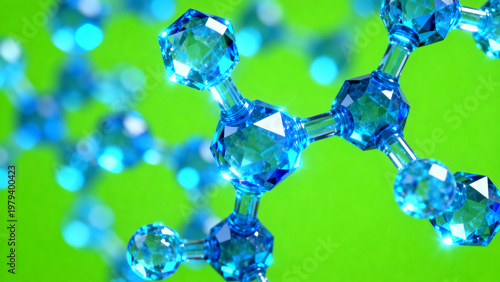 Realistic 3D render of a glowing insulin molecule crystal structure with light reflections isolated on a solid bright chroma key green screen background for pharmaceutical visualizations