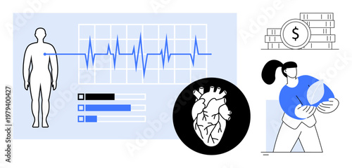 Healthcare innovation, finance management, environmental sustainability, digital health, wellness tracking, savings systems. Medical chart, human figure dollar signs and heart diagram. Healthcare