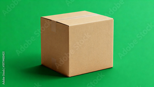 Realistic sealed cardboard shipping box isolated on chroma key green background with soft shadow, centered studio parcel packaging asset for e commerce, delivery and logistics design