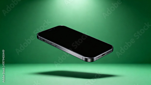 Ultra realistic floating smartphone mockup isolated on chroma key green background with blank screen, soft studio shadow, clean modern 4K device asset for app, UI and ad compositing