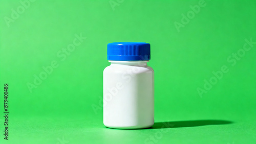White medicine bottle with blue cap isolated on green chroma key background, polished product lighting, gentle camera push in animation, pharmaceutical container concept for stock video use