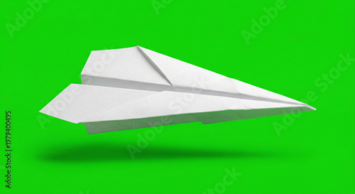 White paper airplane isolated on chroma key green background, ultra realistic launch and startup growth concept for business ambition, message delivery, innovation and communication design