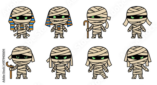Charming collection of several cartoon mummy characters, each displaying distinct expressions and accessories on a clean white backdrop, capturing the essence of Halloween, ancient Egypt, an