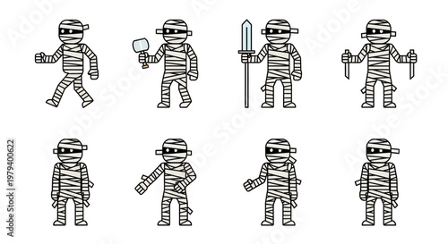 A detailed collection of cartoon characters featuring an ancient Egyptian mummy in various poses and actions, including walking, holding objects, and in different armed stances, against a cl