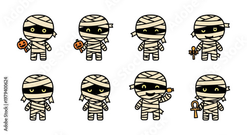 A delightful collection of adorable cartoon mummies, each with unique poses and props, showcasing playful expressions and designed in a clean, vector-style, perfect for Halloween themes and 