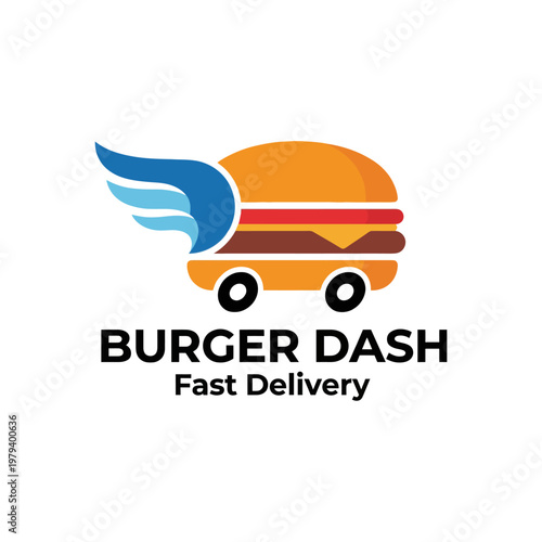 The logo illustrates a burger with wings, symbolizing fast delivery service, emphasizing quick and convenient food delivery for busy lifestyles and on-the-go dining.