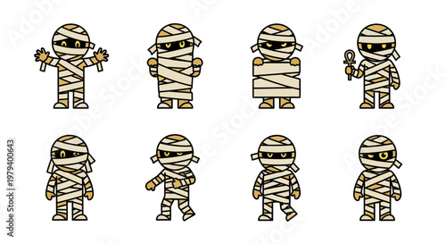 A detailed collection of cartoonish Egyptian mummies on a clean white background, each dynamically posed, showcasing humor, ancient themes, and perfect for Halloween-themed designs or histor