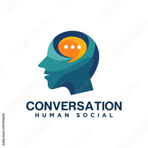 An abstract representation of human social interaction featuring a profile head with a speech bubble indicating communication and connection in society.