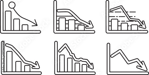 Collection of six line art icons illustrating downward trending bar graphs and charts with arrows indicating decline.