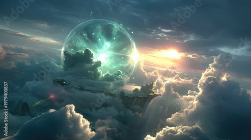 Surreal Glowing Sphere Emerging Above Cloudy Sky at Sunset