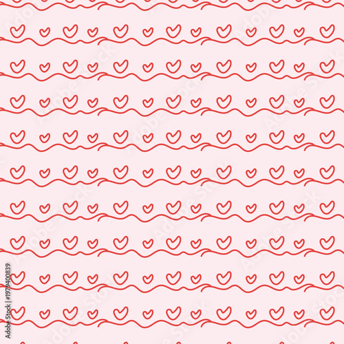 Cute Heart Line Seamless Pattern with Hand Drawn Red Hearts and Playful Decorative Background