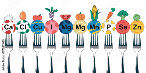Creative Food Nutrition Concept with Periodic Table Elements on Forks – Healthy Diet Chemistry Vector Illustration.