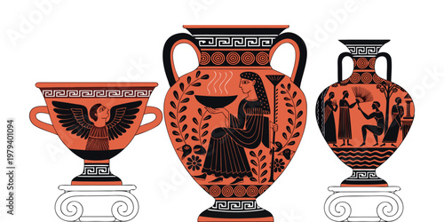 Ancient Greek clay amphora with traditional ceramic decoration and brown earthenware craft, showcasing an antique pottery object of old Greek culture.