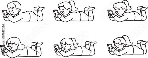 A collection of six cartoon illustrations depicting children lying on their stomachs and using smartphones.