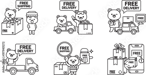 A collection of six black and white illustrations depicting bears involved in various aspects of free shipping and delivery services.