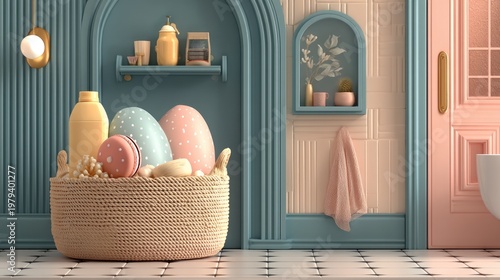 Pastel Easter Eggs Arranged in Woven Basket in Stylish Bathroom