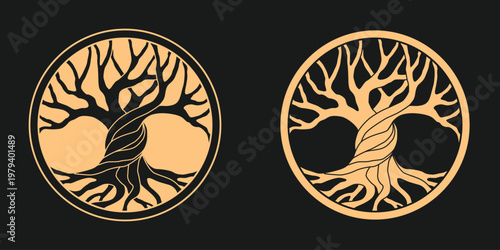Stylized Celtic Tree of Life illustration in gold color on dark background. Perfect for logos, tattoos, spiritual projects, interior decoration, and educational materials. Elegant design for premium a