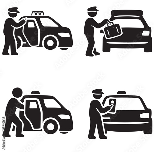 Taxi service pictograms with boarding luggage passenger entry and payment interaction