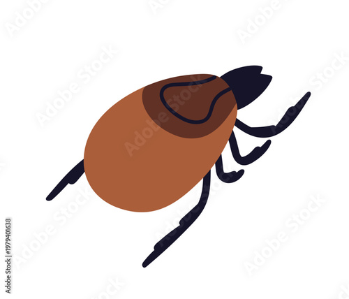Tick bug. Bloodsucker insect icon. Outdoor mite, parasite. Bloodsucking pest. Small ixodes ricinus, encephalitis carrier, top view. Flat vector illustration isolated on white background
