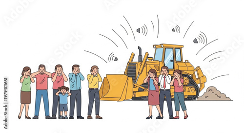Construction bulldozer noise pollution affecting people and children.
