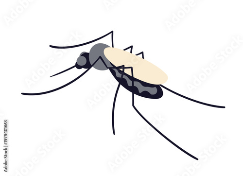 Mosquito with proboscis. Bloodsucking insect, gnat, malaria and dengue fever carrier. Bloodsucker bug with sting. Blood-sucking pest. Flat vector illustration isolated on white background