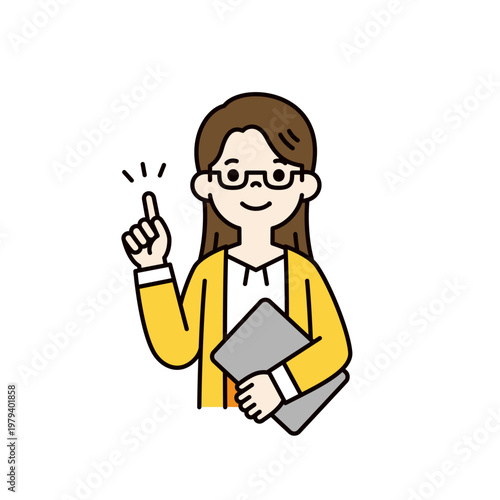 ノートパソコンを片手に持ってアドバイスする、若い女性社員・OLの上半身ベクターイラスト素材