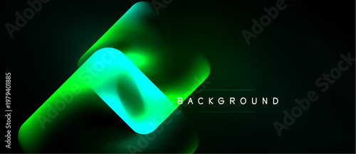Abstract green shapes overlap dark background. Modern design features vibrant gradients, smooth curves, text label present.
