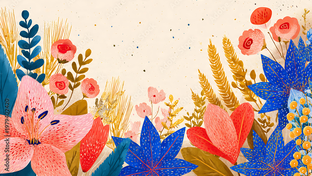 Naklejka premium A Vibrant Modern Folk Art Style Digital Illustration of Flowers and Wheat Stalks with Warm Tones