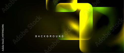 Abstract fluid shapes overlap, creating vibrant yellow, green gradients. Dark background emphasizes luminous design elements. Modern, dynamic composition.