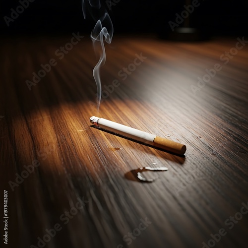 Smoking cigarette on wooden surface alone.